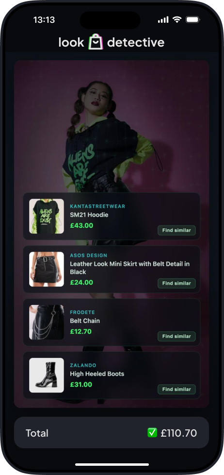 Look Detective app — uploaded screenshot with shoppable product matches and set budget cap